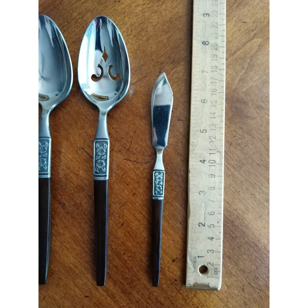 Lot 4x Serving Pieces Ekco Eterna La Joya Stainless Faux Wood Flatwar MCM EKS14